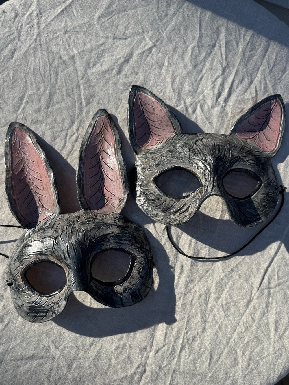 Handcrafted Gray Animal Rabbit Cat Halloween Masks with Pink Inner Ears (Pair)